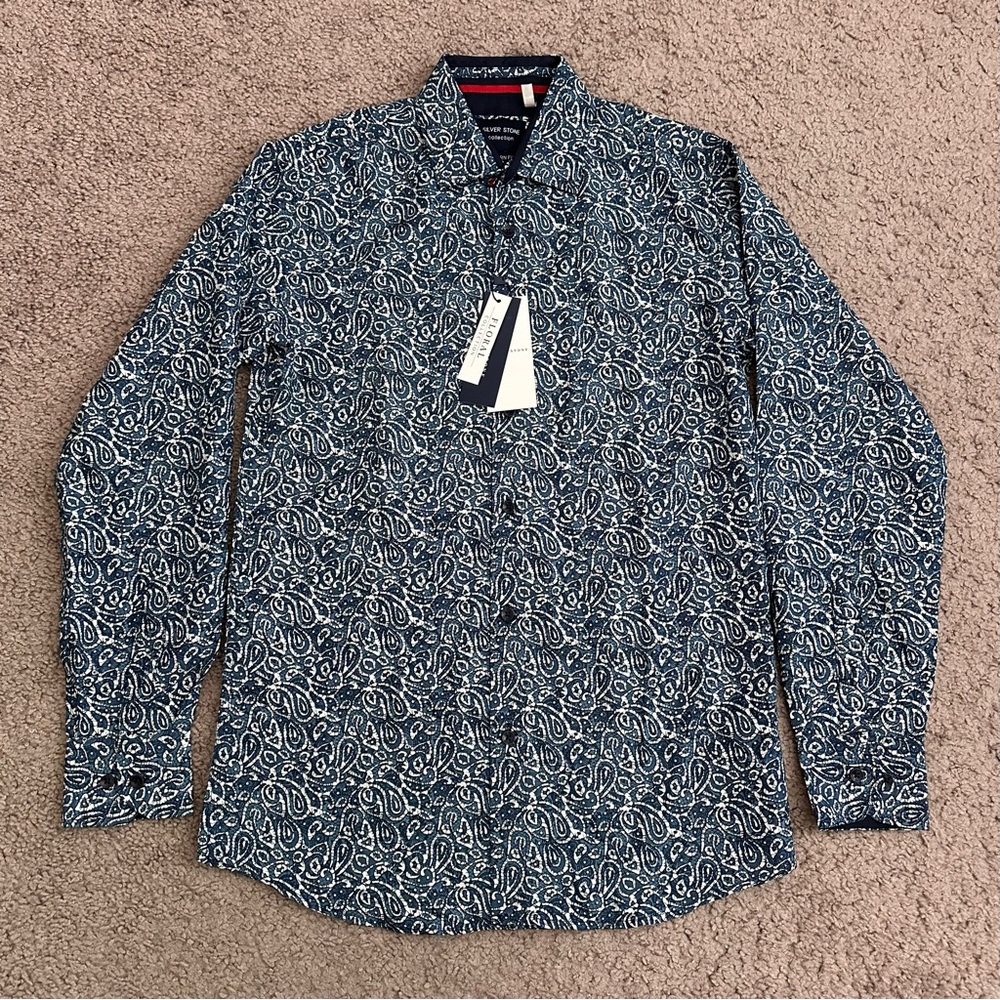 Silver Stone Floral Collection Modern Fit Blue Paisley Button Up Shirt Mens S